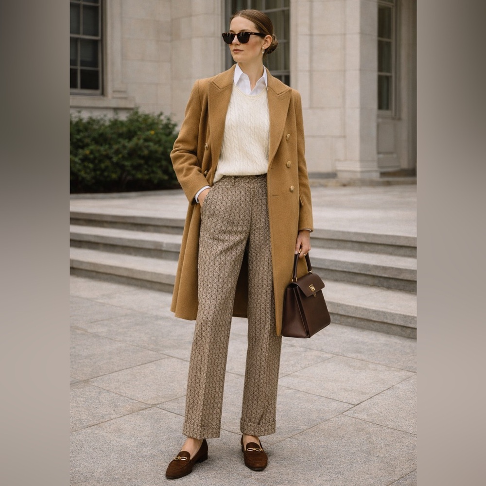 DKNY Brown & Cream Patterned Tweed Wool Cuffed Trousers Size 12 Office Career